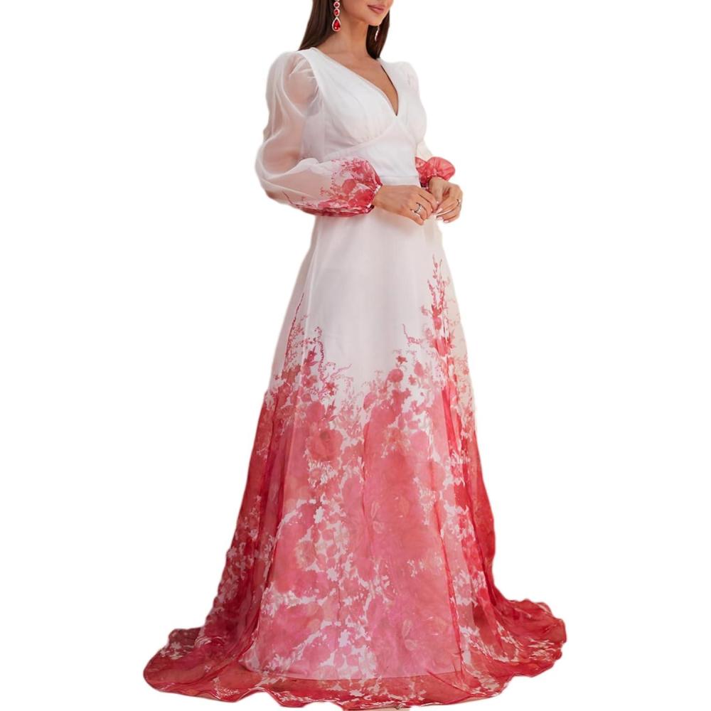 imagemeilun Long Sleeve Printed Chiffon Maxi Dresses Deep VNeck Boho Holiday Long Dress Beach DressAwhiteflare