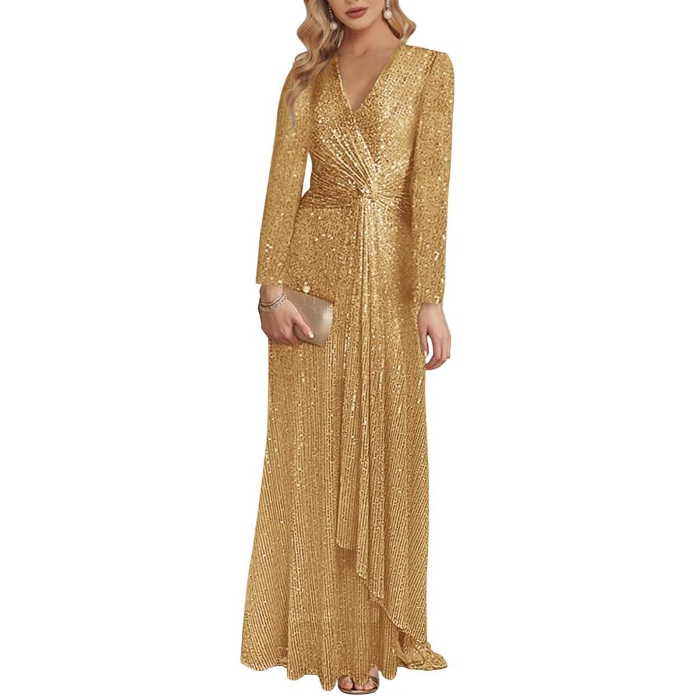 imagemeilun Long Sleeve Sequin Dress for Women Formal Gowns Sparkly V Neck Maxi DressAgold