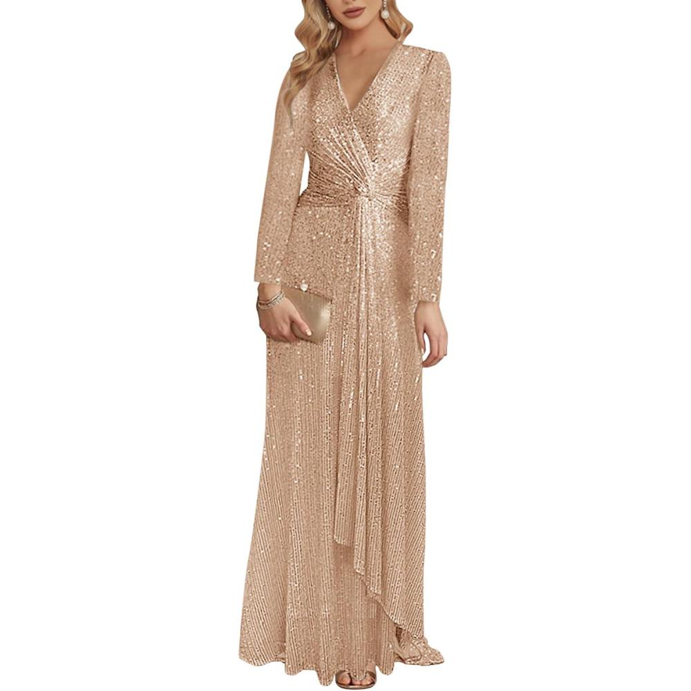 imagemeilun Long Sleeve Sequin Dress for Women Formal Gowns Sparkly V Neck Maxi DressChampagne