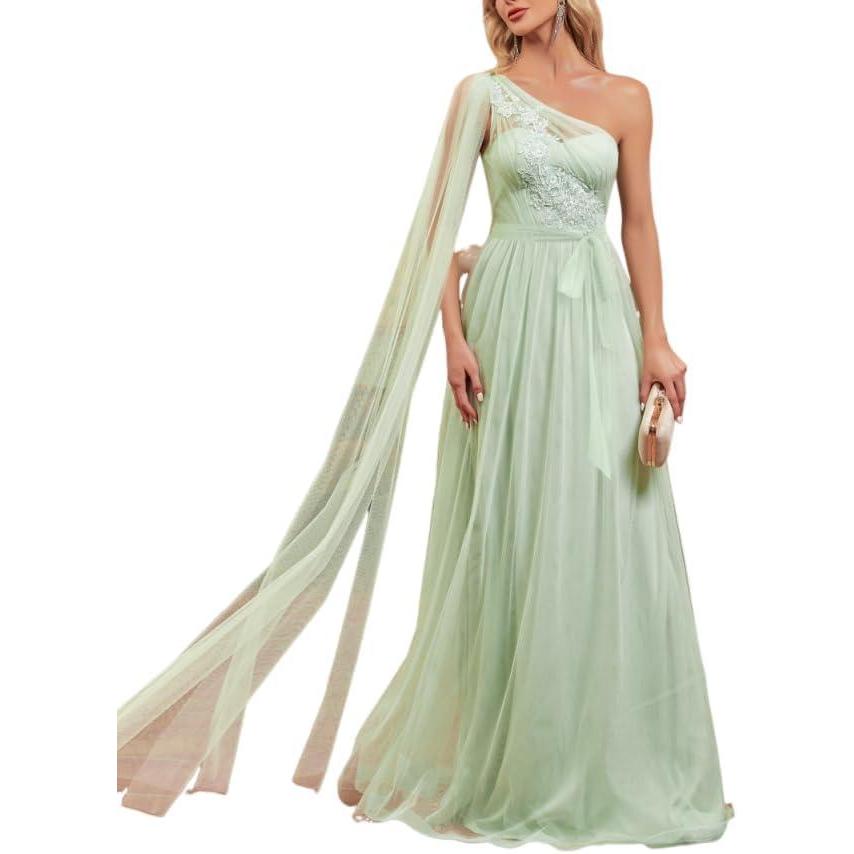 imagemeilun Mesh Shoulder Maxi Dress Applique Chiffon Fishtail Bridesmaid Banquet Evening GownsLight Green