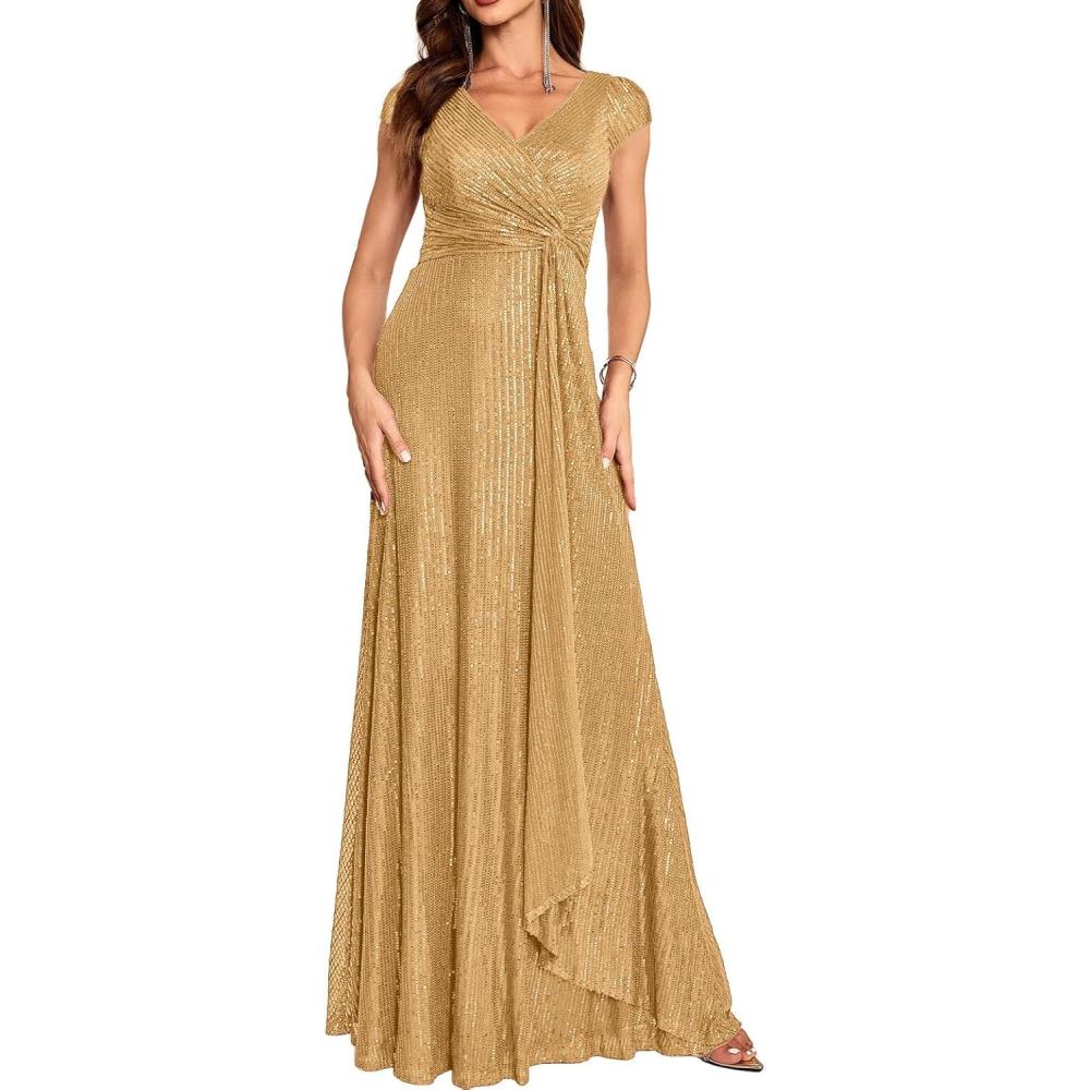 imagemeilun Short Sleeve Sequin Dress for Women Formal Evening Gowns Sparkly V Neck 1920s Long DressBgold