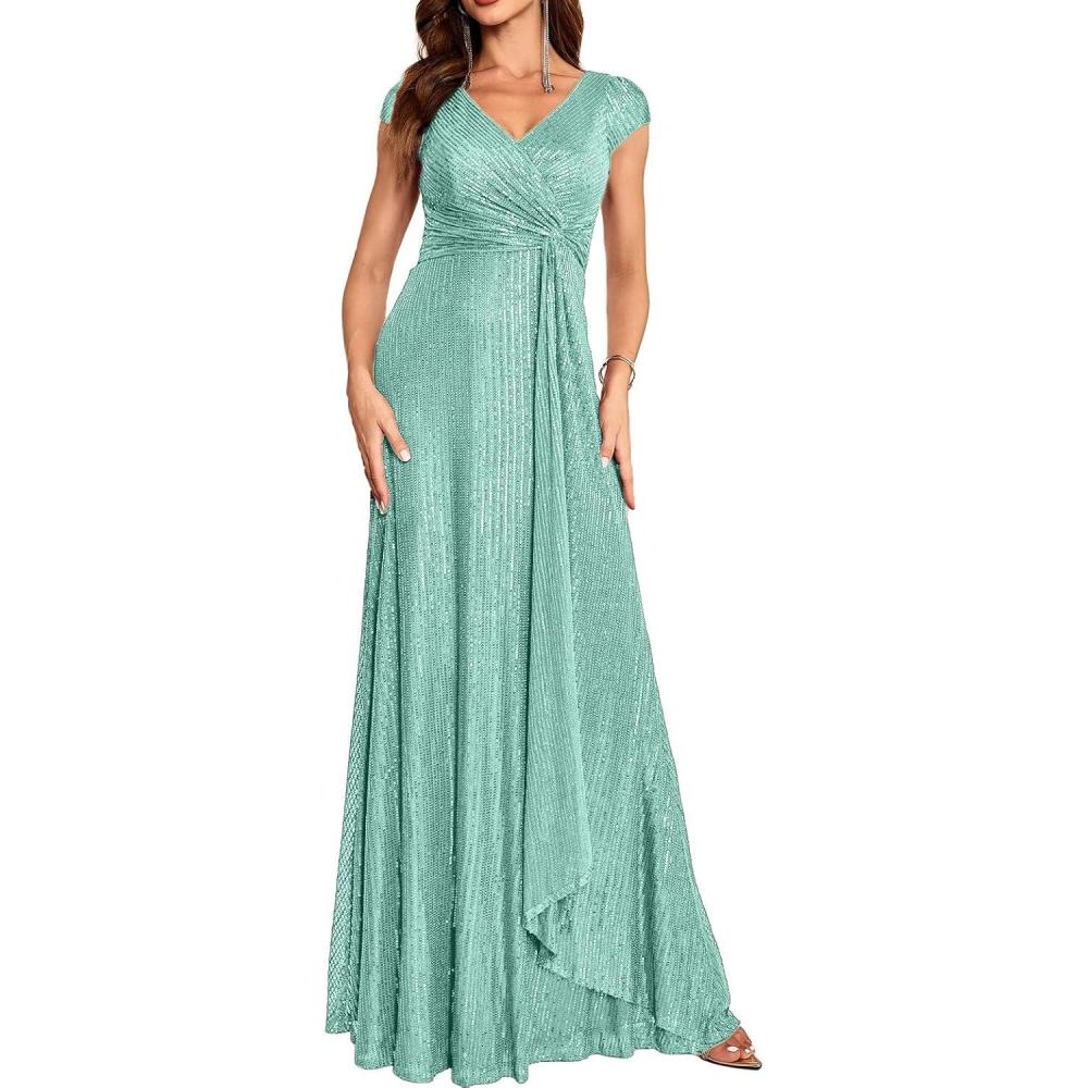 imagemeilun Short Sleeve Sequin Dress for Women Formal Evening Gowns Sparkly V Neck 1920s Long DressBlightgreen