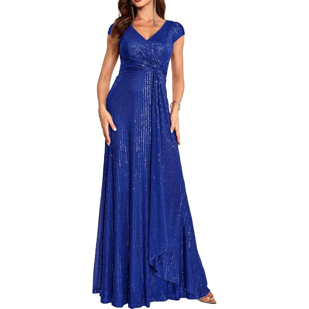 imagemeilun Short Sleeve Sequin Dress for Women Formal Evening Gowns Sparkly V Neck 1920s Long DressBroyalblue2