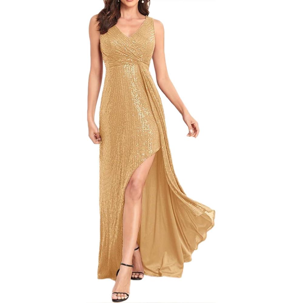 imagemeilun Sleeveless Sequin Dress for Women Formal Gowns Sparkly V Neck Maxi Dress for Wedding GuestAgold