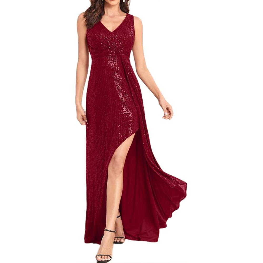 imagemeilun Sleeveless Sequin Dress for Women Formal Gowns Sparkly V Neck Maxi Dress for Wedding GuestAwine