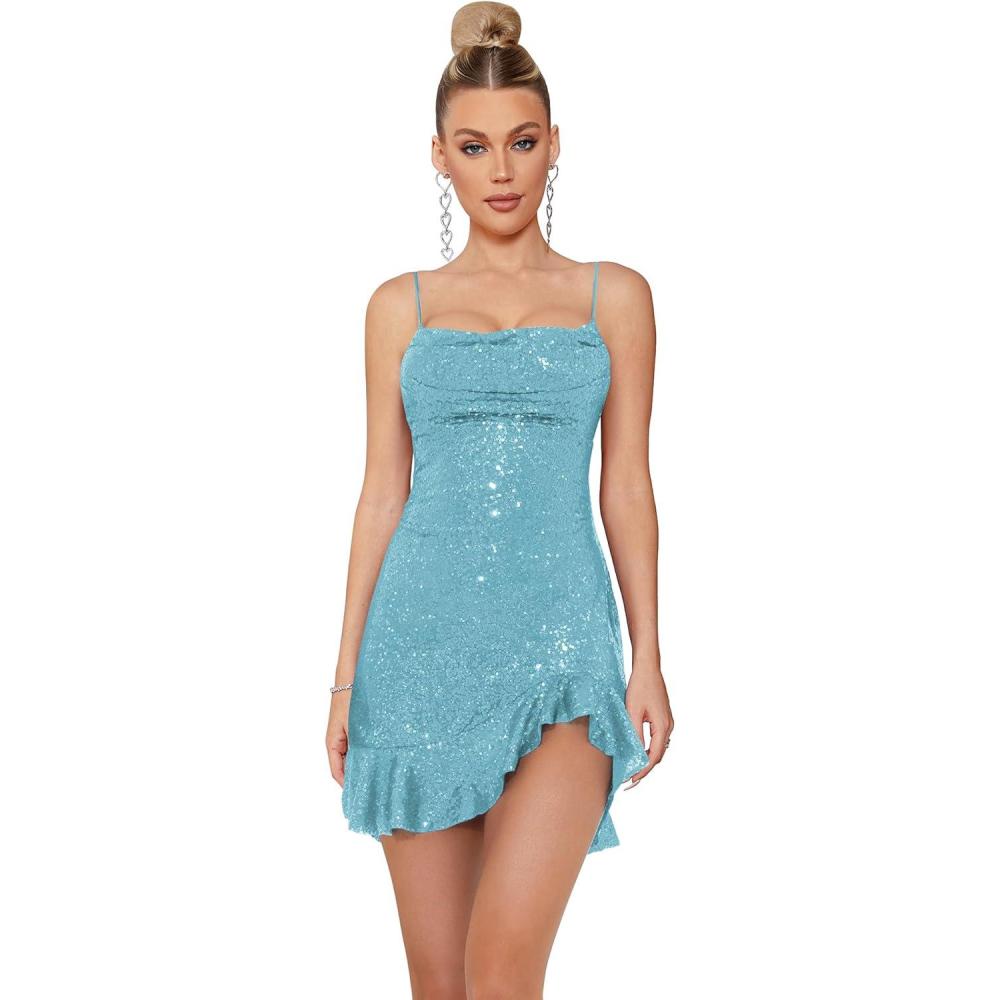 imagemeilun Sparkly Glitter Mini Homecoming Dress for Teens Short Cocktail Party Dress with Ruffle Sequins Prom GownAlightblue