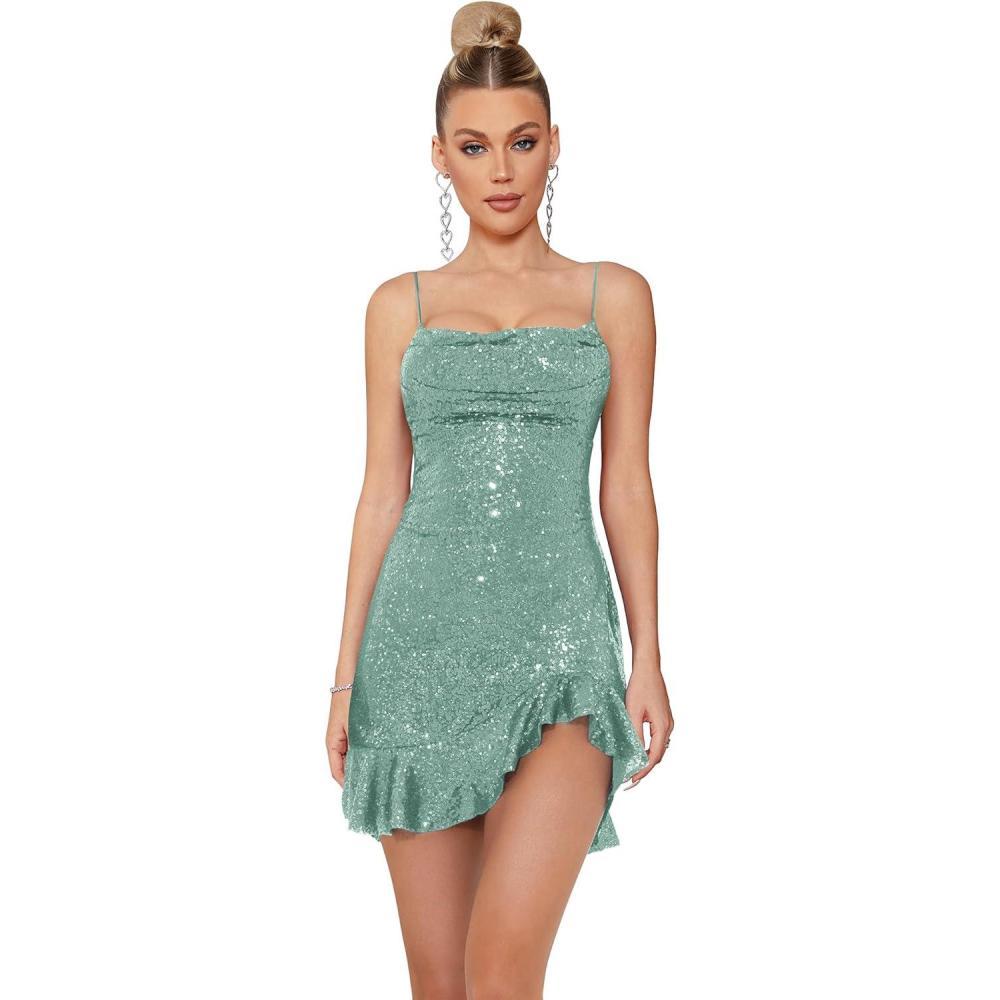 imagemeilun Sparkly Glitter Mini Homecoming Dress for Teens Short Cocktail Party Dress with Ruffle Sequins Prom GownAlightgreen
