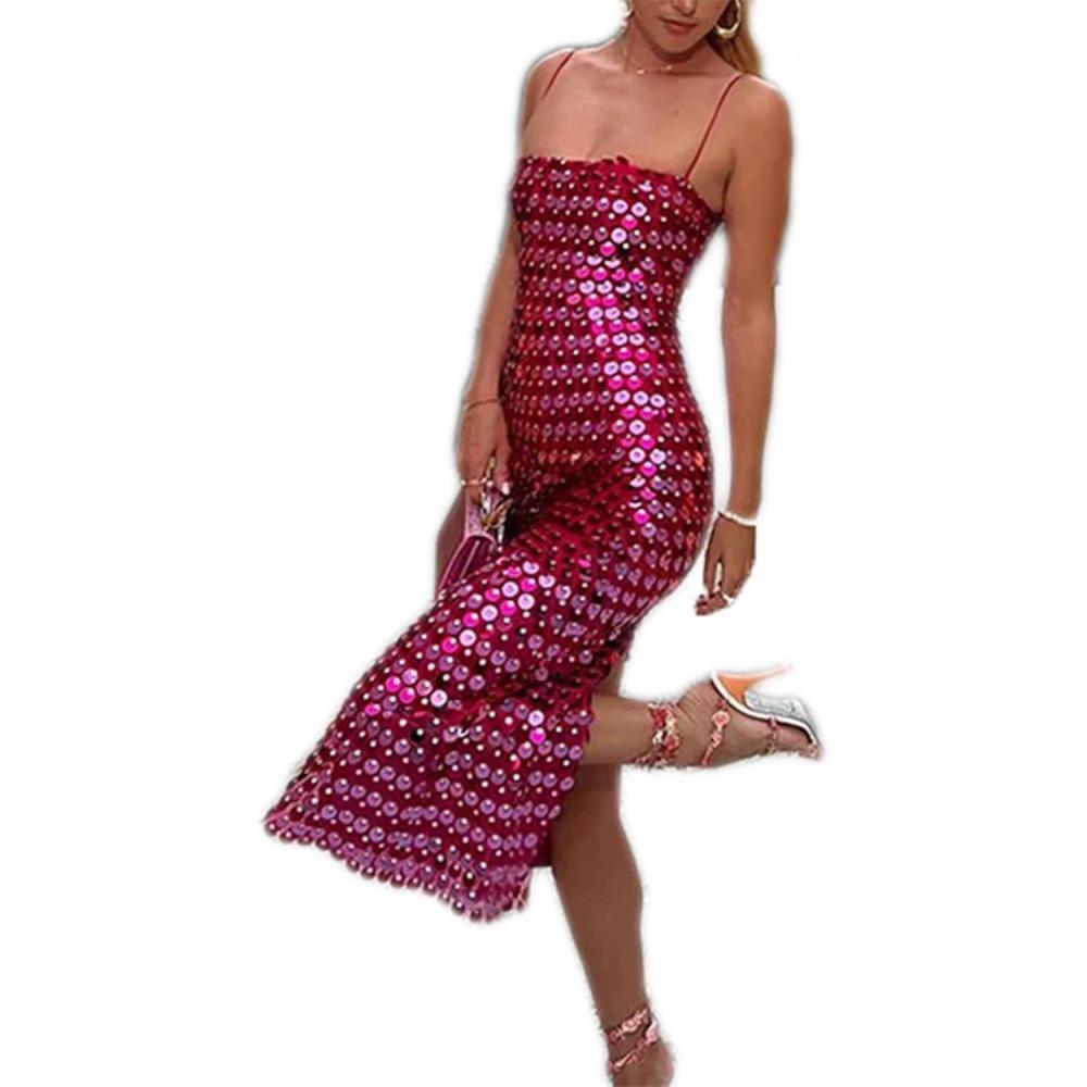 imagemeilun Sparkly Womens Spaghetti Strap Sequins Dresses Formal Evening Gowns Dress Holiday Maxi DressAhotpink