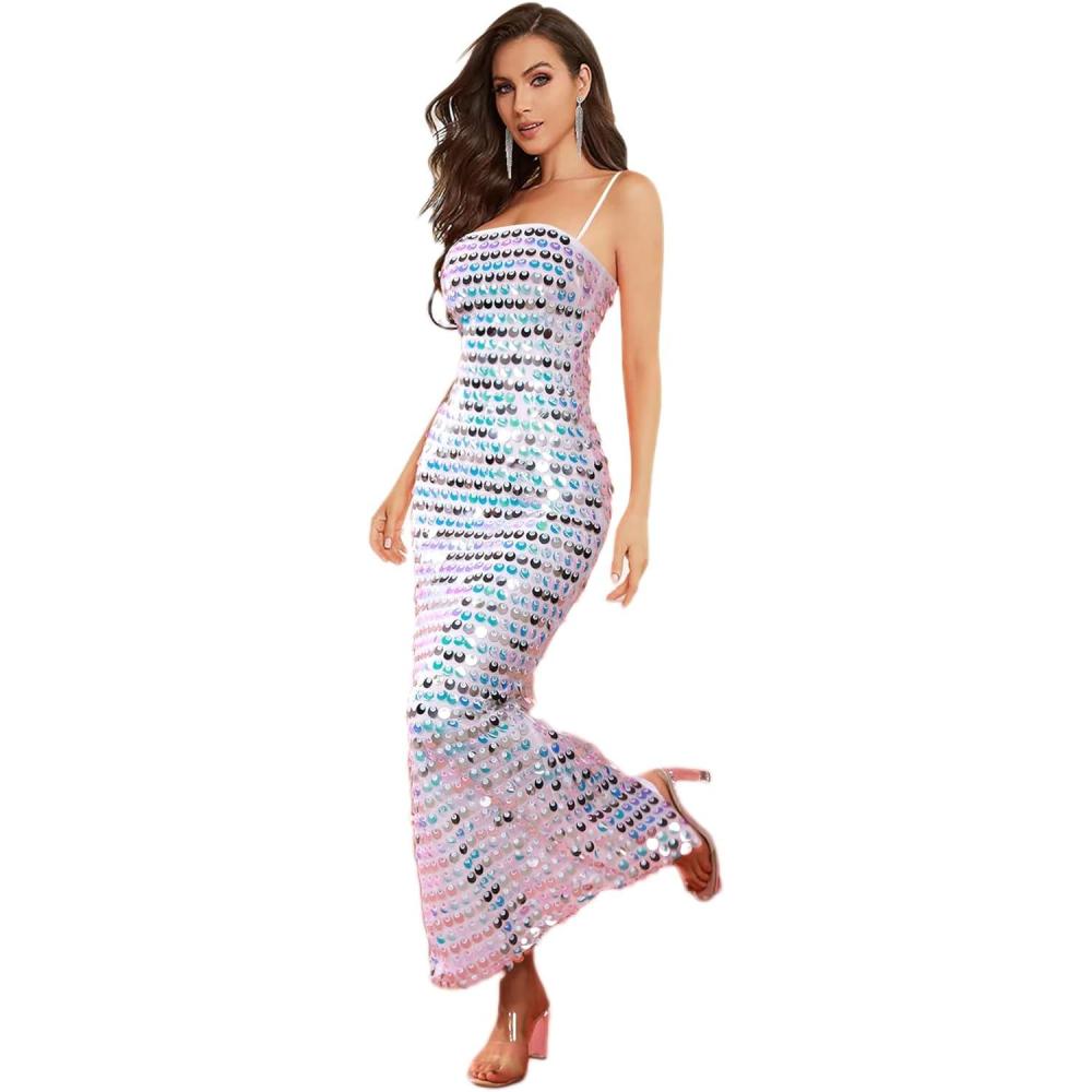 imagemeilun Sparkly Womens Spaghetti Strap Sequins Dresses Formal Evening Gowns Dress Holiday Maxi DressAwhite