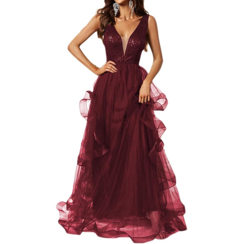 imagemeilun Womens Sleeveless V Neck Sequins Long Dress Mesh Prom Evening Maxi DressAwine