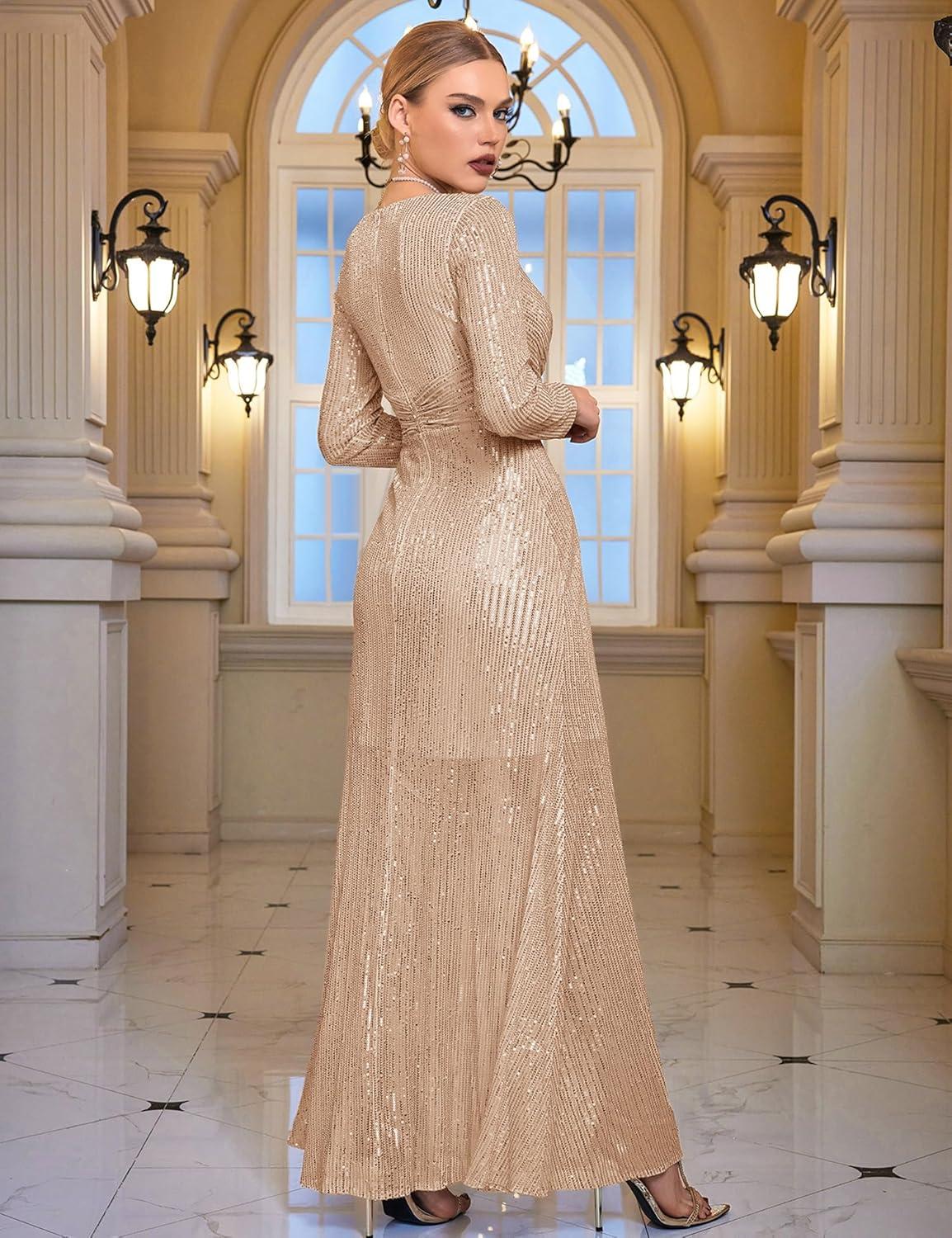 imagemeilun Long Sleeve Sequin Dress for Women Formal Gowns Sparkly V Neck Maxi DressChampagne