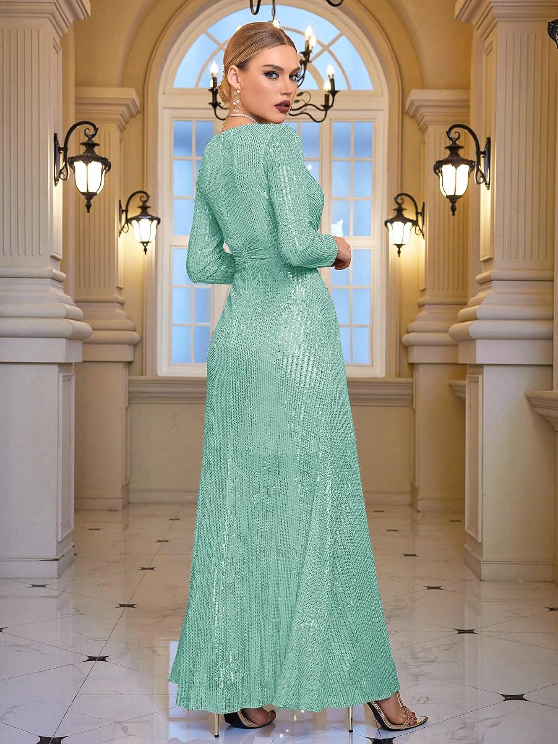 imagemeilun Long Sleeve Sequin Dress for Women Formal Gowns Sparkly V Neck Maxi DressLightgreen