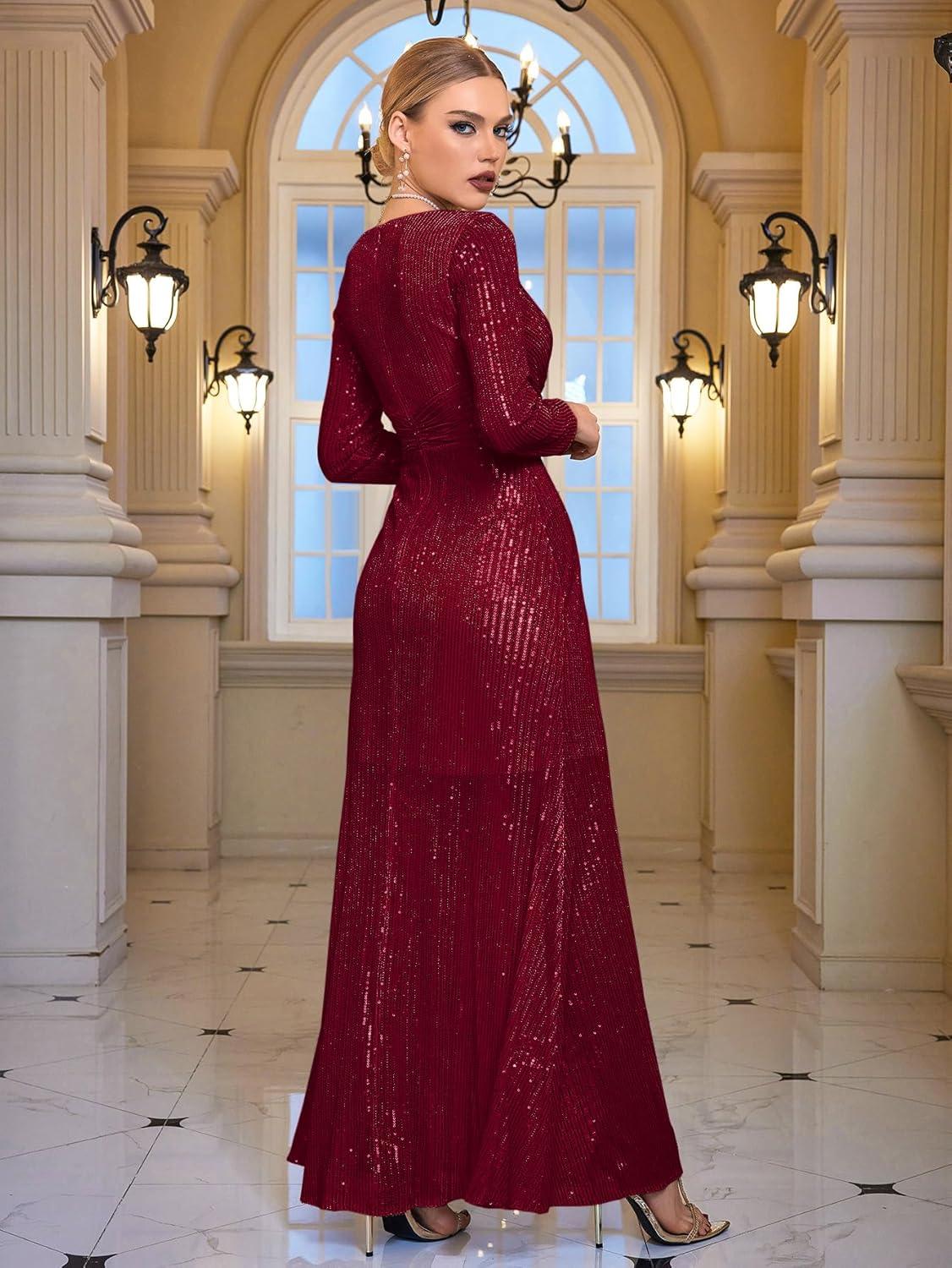 imagemeilun Long Sleeve Sequin Dress for Women Formal Gowns Sparkly V Neck Maxi DressWine