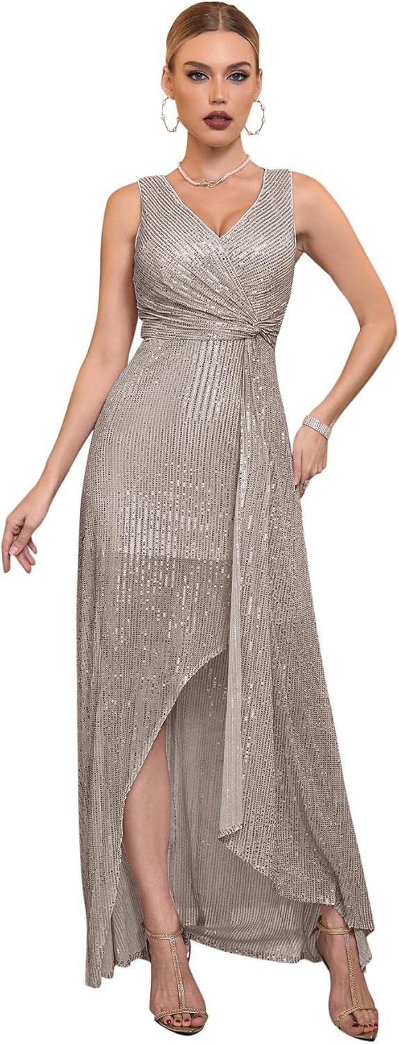 imagemeilun Sleeveless Sequin Dress for Women Formal Gowns Sparkly V Neck Maxi Dress for Wedding GuestAgrey