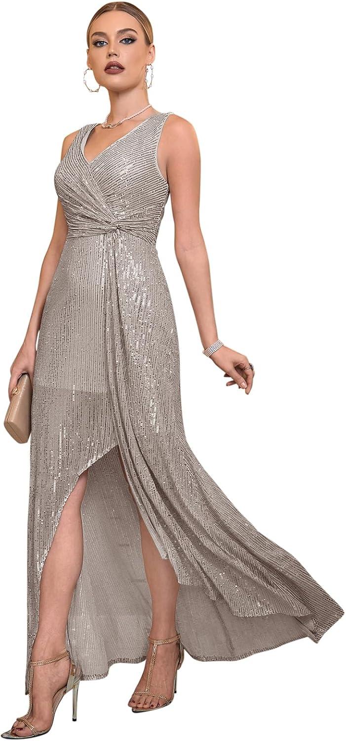 imagemeilun Sleeveless Sequin Dress for Women Formal Gowns Sparkly V Neck Maxi Dress for Wedding GuestAgrey