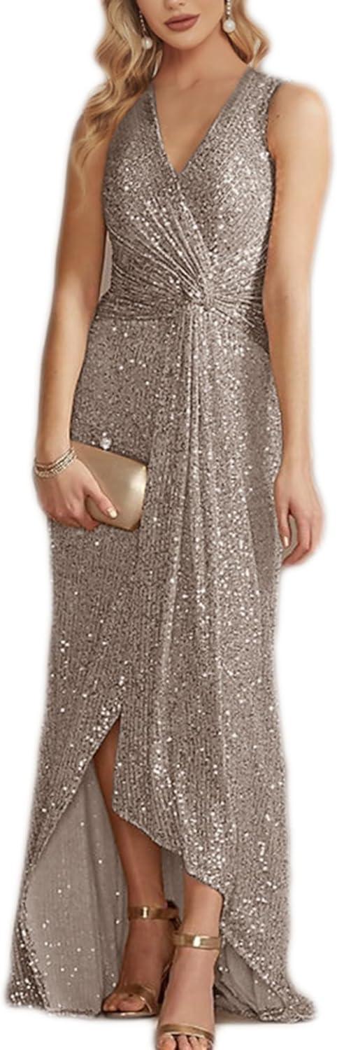 imagemeilun Sleeveless Sequin Dress for Women Formal Gowns Sparkly V Neck Maxi Dress for Wedding GuestAgrey