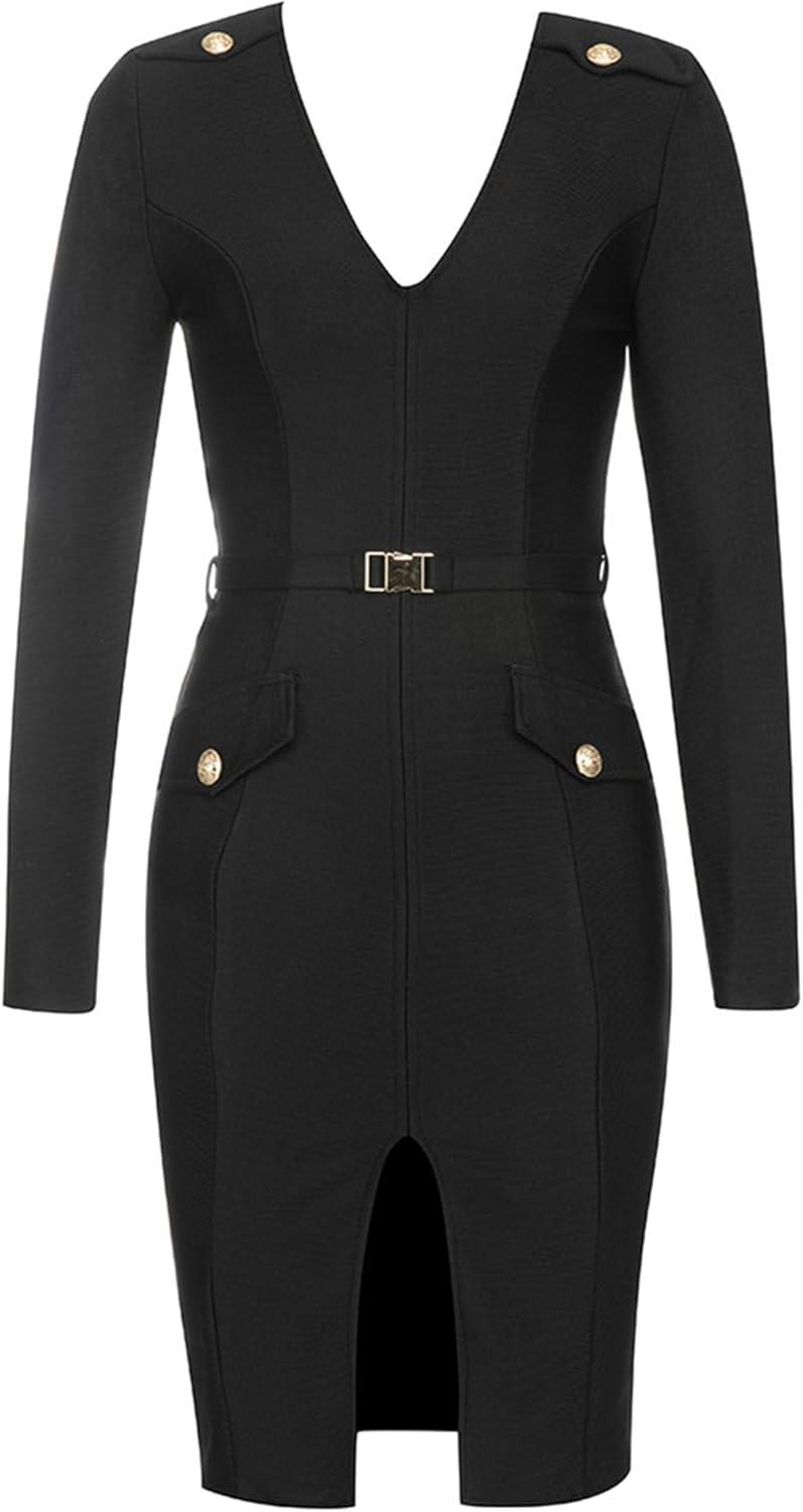 imagemeilun Women V Neck Long Sleeve Formal Dress Slit Bandage Dress Wedding Guest Dress FallBlack