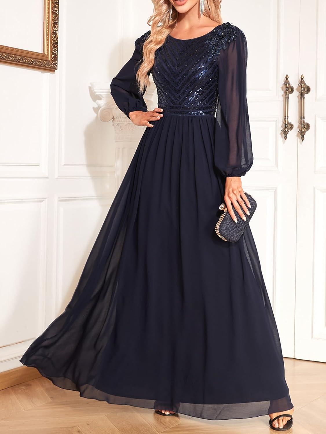 imagemeilun Womens Long Sleeve Round Neck Formal Long Dresses Prom Evening Gowns Aline Wedding Guest DressAnavy