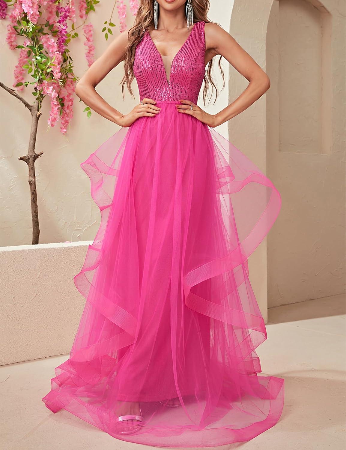 imagemeilun Womens Sleeveless V Neck Sequins Long Dress Mesh Prom Evening Maxi DressAhotpink