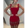 Fringed Diamond-Embellished Mini Dress with Straps and Bodycon Silhouette for Party(Red)