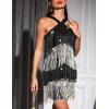 Women’s Cross Strap Cocktail Dresses Flapper Dresses 20s Gatsby Tassel Short Dresses Prom Party Dress(A-blackgold)