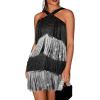 Women’s Cross Strap Cocktail Dresses Flapper Dresses 20s Gatsby Tassel Short Dresses Prom Party Dress(A-blacksilver)