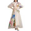 3D Floral Maxi Dress Vacation Collar Puff Sleeve Long-Sleeve Printed Early Autumn Dress(Beige)