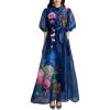 3D Floral Maxi Dress Vacation Collar Puff Sleeve Long-Sleeve Printed Early Autumn Dress(Blue)