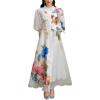 3D Floral Maxi Dress Vacation Collar Puff Sleeve Long-Sleeve Printed Early Autumn Dress(White)