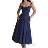 Casual Floral Print Dress Midi Sleeveless Strappy Cocktail Party Dress A-line Summer Wedding Guest Dresses for Women(A-navy)