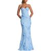 Floral-Embellished Long Dress Strapless Fitted French-Style Backless Solid-Color Evening Gown(Blue)