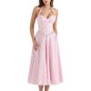 Pink Rose Print Stretch Cotton Halter Neck Midi Dress French Corset Summer Vacation Dress(Pink)
