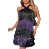 Women’s Cross Strap Cocktail Dresses Flapper Dresses 20s Gatsby Tassel Short Dresses Prom Party Dress(A-blackpurple)