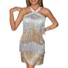 Women’s Cross Strap Cocktail Dresses Flapper Dresses 20s Gatsby Tassel Short Dresses Prom Party Dress(A-whitegold)