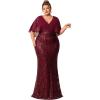 meilun Chiffon Patchwork Sequined Maxi Dress V-Neck Commuter Evening Gown Plus Size Evening Dress(Red)