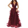 meilun Women’s Sleeveless V Neck Sequins Long Dress Mesh Prom Evening Maxi Dress(A-wine)