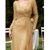 meilun Long Sleeve Sequin Dress for Women Formal Gowns Sparkly V Neck Maxi Dress(A-gold)