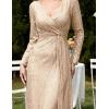 meilun Long Sleeve Sequin Dress for Women Formal Gowns Sparkly V Neck Maxi Dress(Champagne)