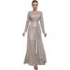 meilun Long Sleeve Sequin Dress for Women Formal Gowns Sparkly V Neck Maxi Dress(Grey)