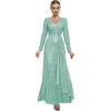meilun Long Sleeve Sequin Dress for Women Formal Gowns Sparkly V Neck Maxi Dress(Lightgreen)