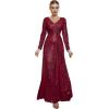 meilun Long Sleeve Sequin Dress for Women Formal Gowns Sparkly V Neck Maxi Dress(Wine)