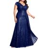 meilun Short Sleeve Sequin Dress for Women Formal Evening Gowns Sparkly V Neck 1920s Long Dress(B-navy)