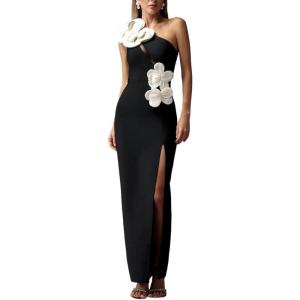 3D Floral Maxi Dress One-Shoulder Slit with Cutout Wedding Bridesmaid Dress Banquet Gown(Black)