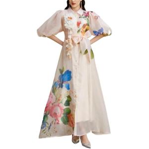 3D Floral Maxi Dress Vacation Collar Puff Sleeve Long-Sleeve Printed Early Autumn Dress(Beige)