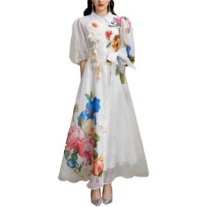 3D Floral Maxi Dress Vacation Collar Puff Sleeve Long-Sleeve Printed Early Autumn Dress(White)