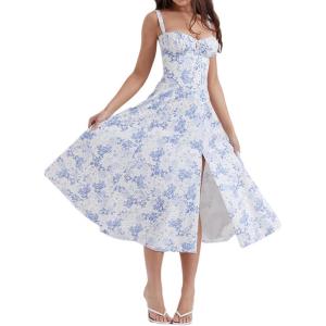 Casual Floral Print Dress Midi Sleeveless Strappy Cocktail Party Dress A-line Summer Wedding Guest Dresses for Women(A-blueflower1)