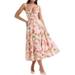 Casual Floral Print Dress Midi Sleeveless Strappy Cocktail Party Dress A-line Summer Wedding Guest Dresses for Women(A-flower3)