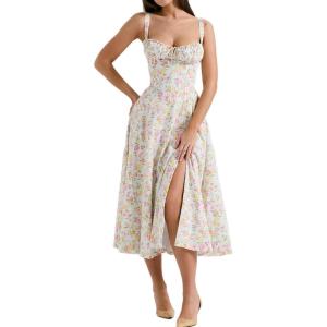 Casual Floral Print Dress Midi Sleeveless Strappy Cocktail Party Dress A-line Summer Wedding Guest Dresses for Women(A-flower4)