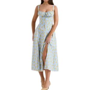 Casual Floral Print Dress Midi Sleeveless Strappy Cocktail Party Dress A-line Summer Wedding Guest Dresses for Women(A-lightblue)