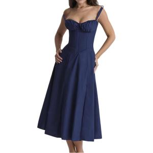 Casual Floral Print Dress Midi Sleeveless Strappy Cocktail Party Dress A-line Summer Wedding Guest Dresses for Women(A-navy)